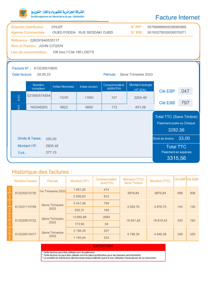 Algeria Societe Algerien Distribution internet utility bill Word and PDF template